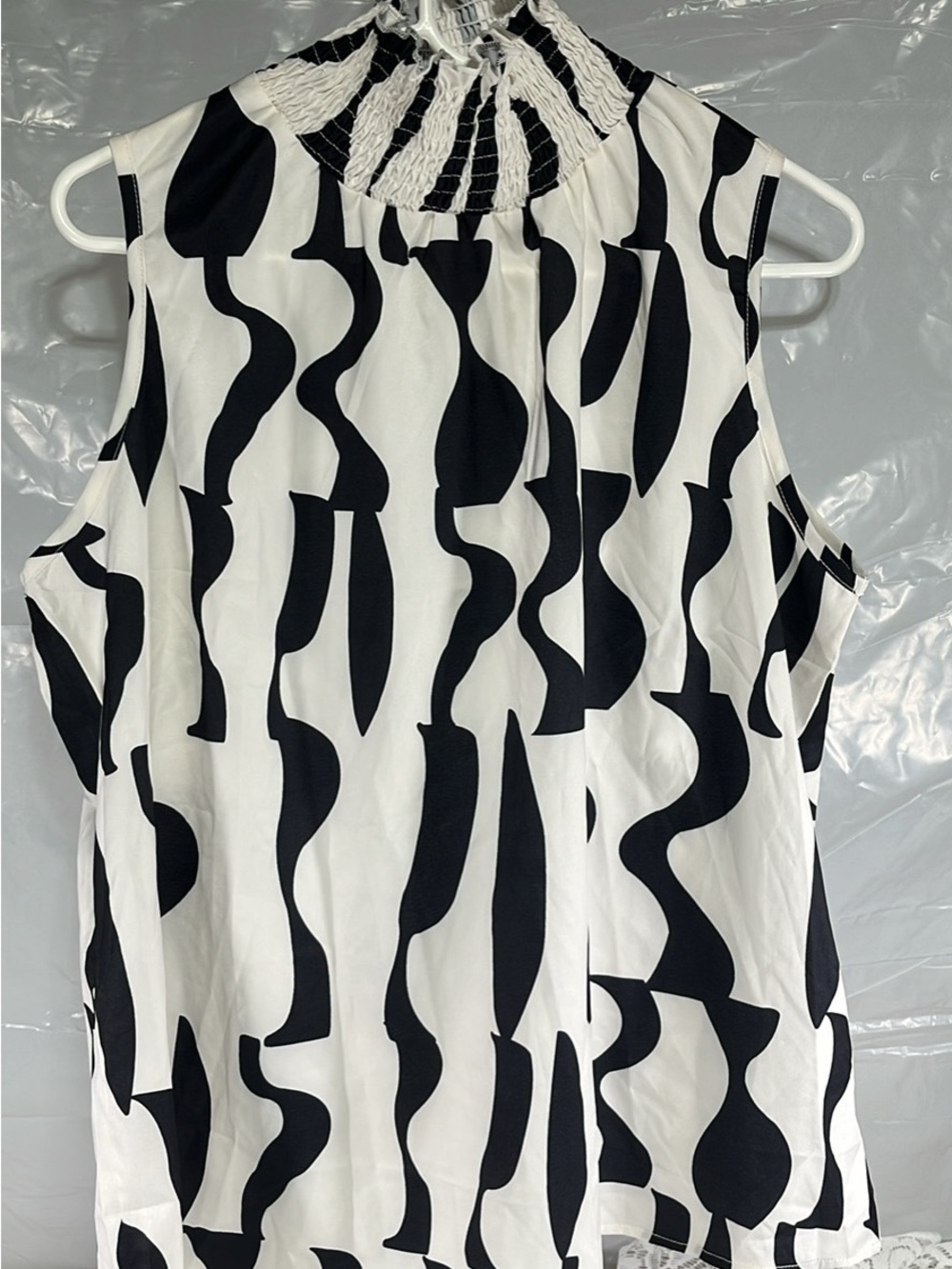 Smocked High-Neck Black & White Abstract Print Camisole